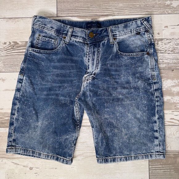 Zara Man Jean Shorts Mens 36 Blue Denim Relaxed Fit Flat Front Hipster Acid Wash - Picture 1 of 13